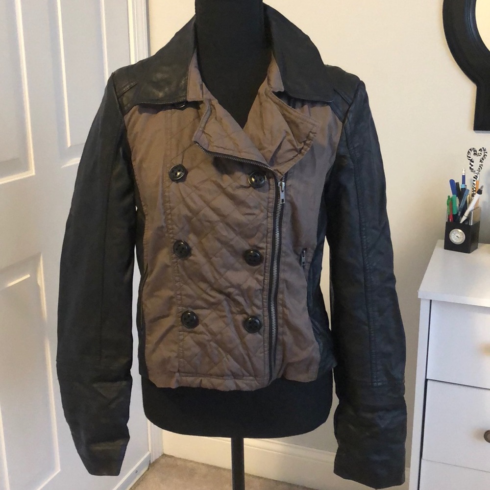 Black and Tan Faux Leather Sleeve Coat